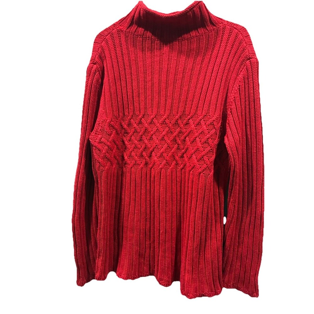 VTG Real Clothes Red Ribbed Cable Knit Mock Neck Sweater XL Silk Cotton Cashmere